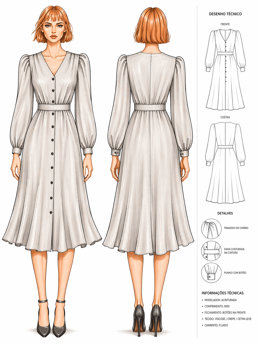 Vestido Acinturado Fluído com Botões | Coleção 2026