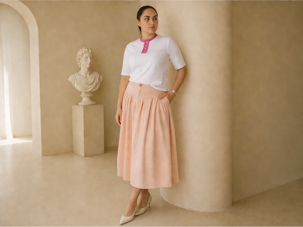 Saia Midi de Pregas em Veludo Cotelê Rosé