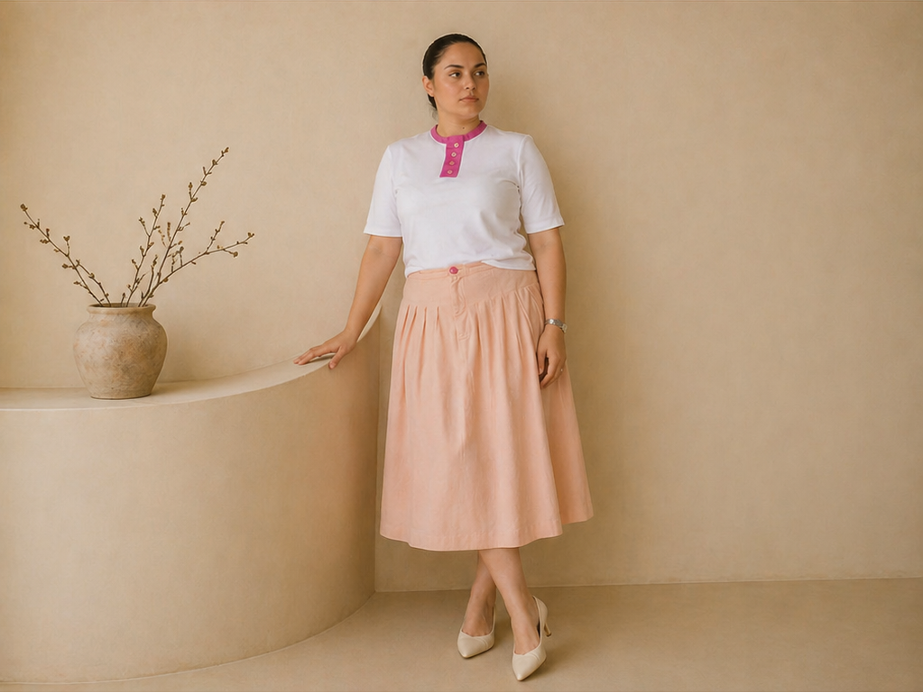 Saia Midi de Pregas em Veludo Cotelê Rosé