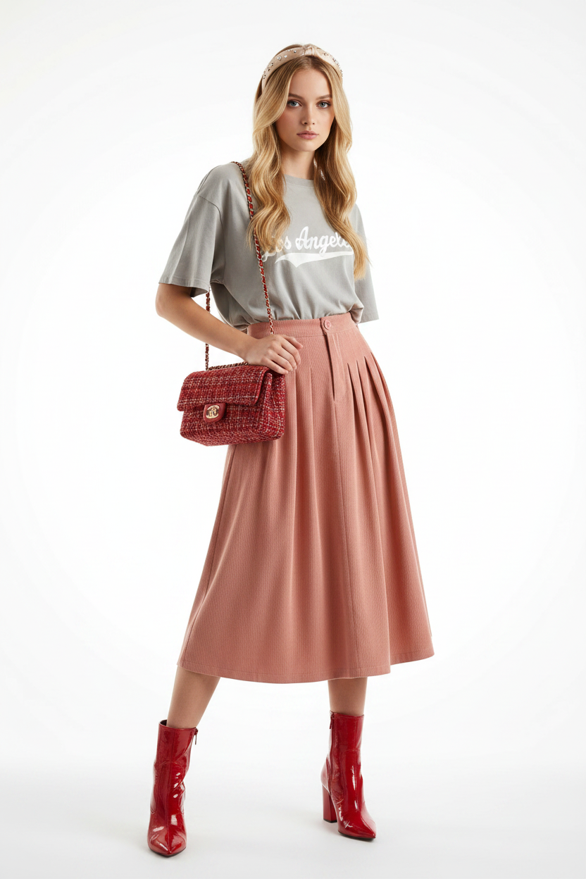 Look 2 – Completo com Saia Cotelê Rosé