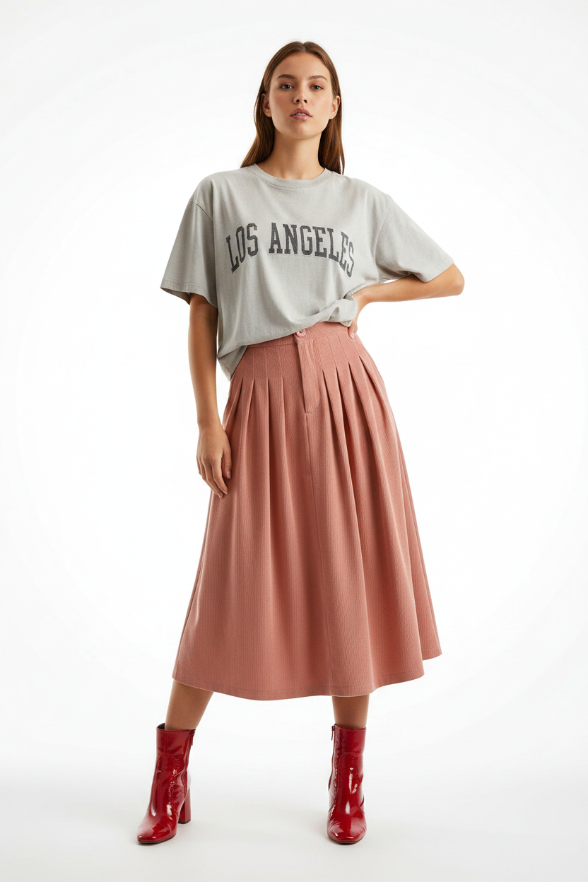 Look 2 – Los Angeles Tee + Saia Cotelê Rosé Midi