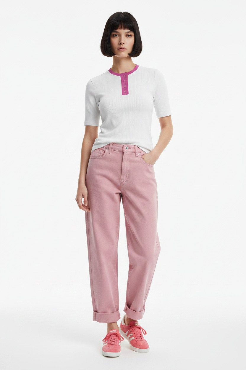 Look 3 – Blusa Henley Fúcsia + Calças Pink Wide Leg