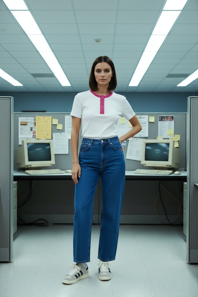 Look – Escritório Retro + Blusa Henley + Jeans Wide Leg
