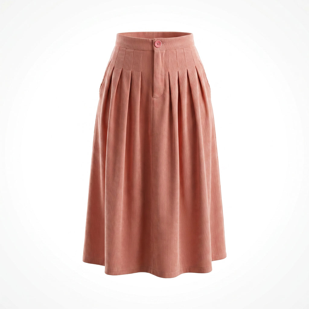 Saia Cotelê Rosé Midi Plissada - fundo branco estúdio
