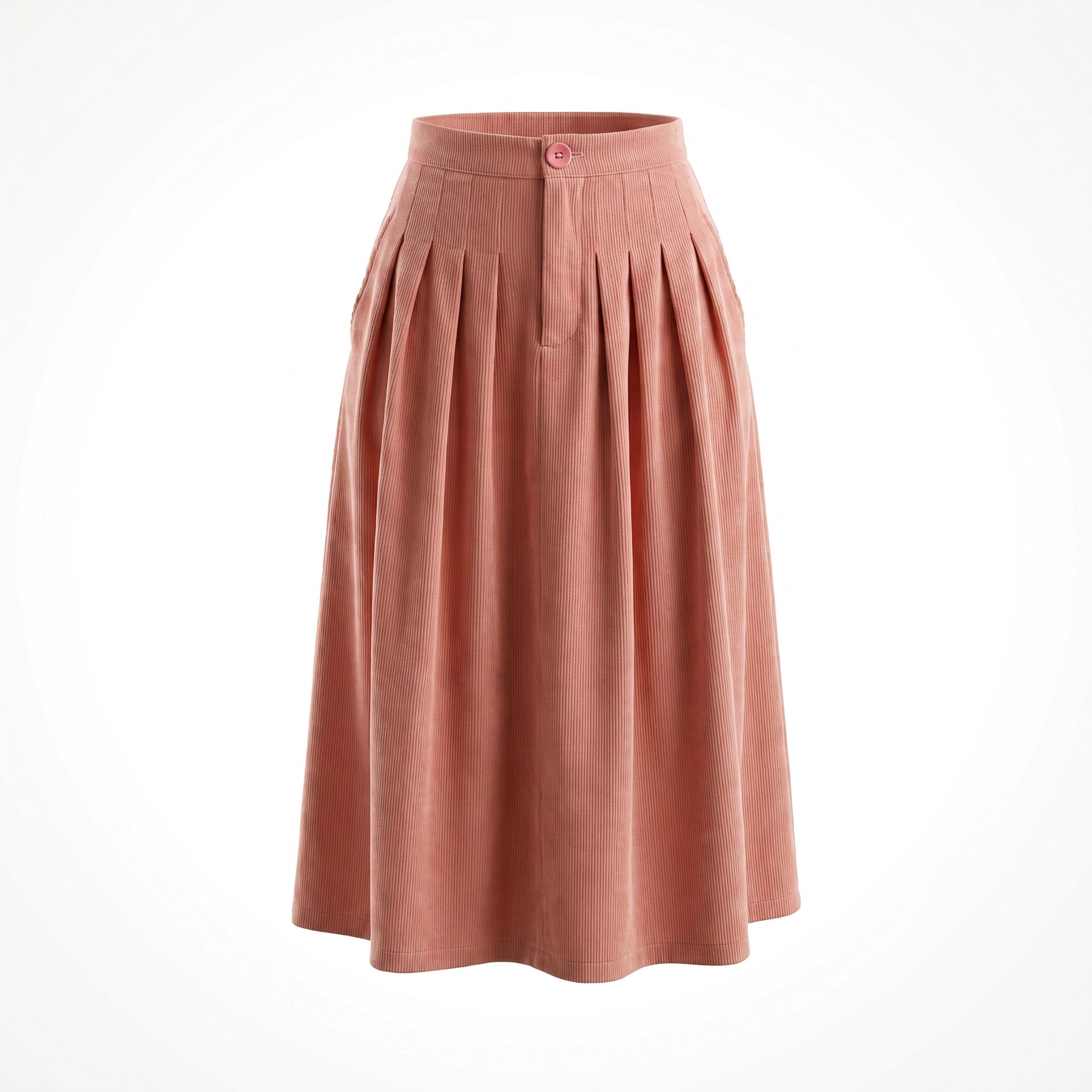 Saia Cotelê Rosé Midi Plissada - fundo branco estúdio