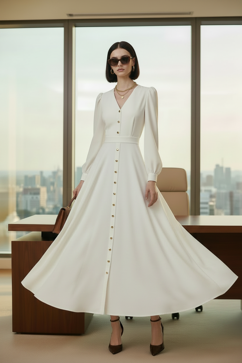 Vestido Branco — Botões Dourados Visíveis