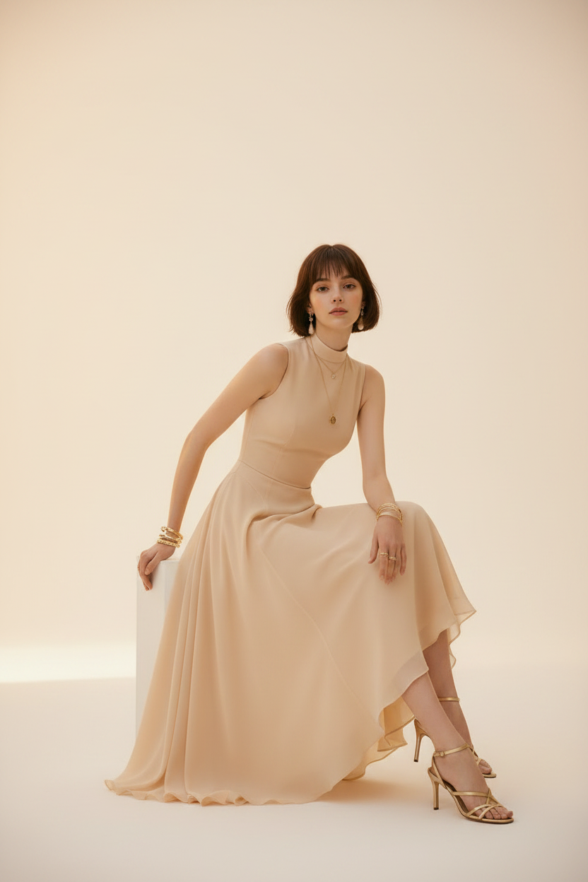 Vestido Gola Alta Bege — Estúdio