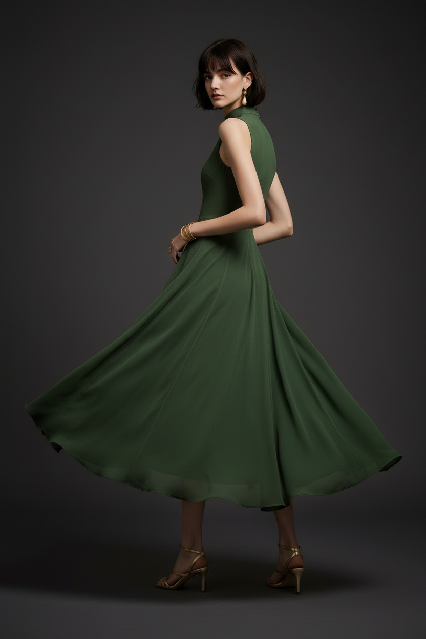 Vestido Gola Alta Verde Musgo — Estúdio