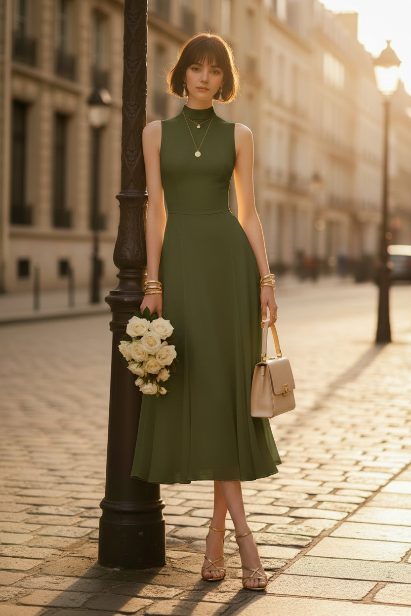 Vestido Gola Alta — Verde Musgo