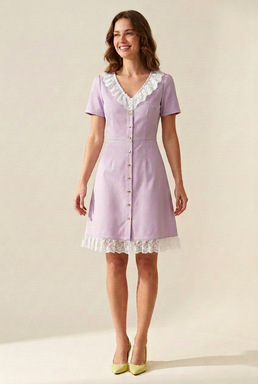 Vestido lilás com folho branco unido sobre o fecho