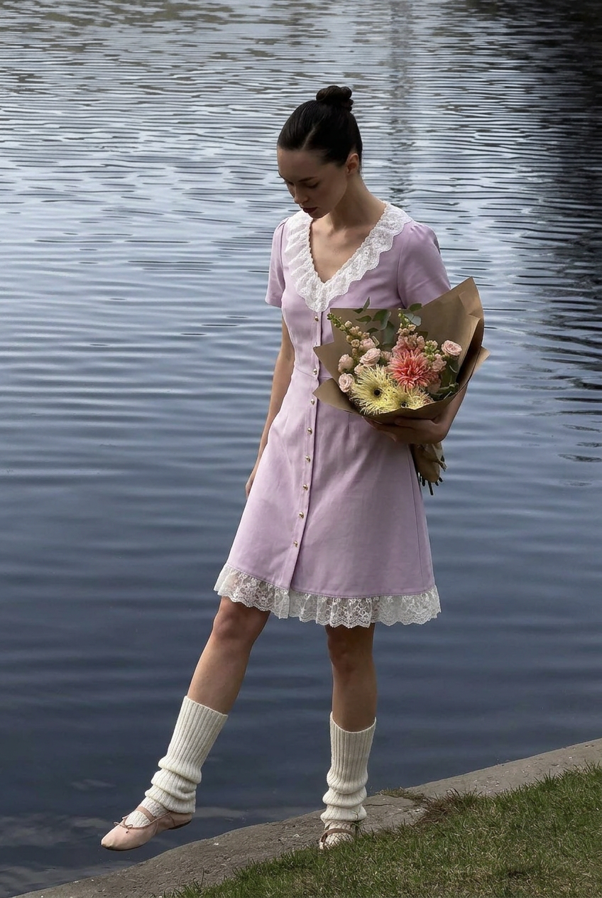Vestido lilás num editorial à beira do lago