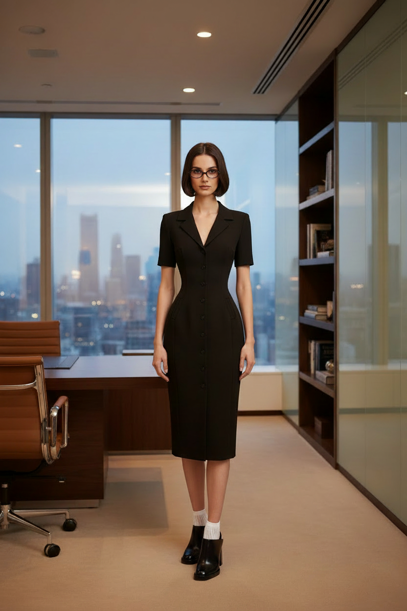 Vestido Preto — Escritório + Mules + Óculos